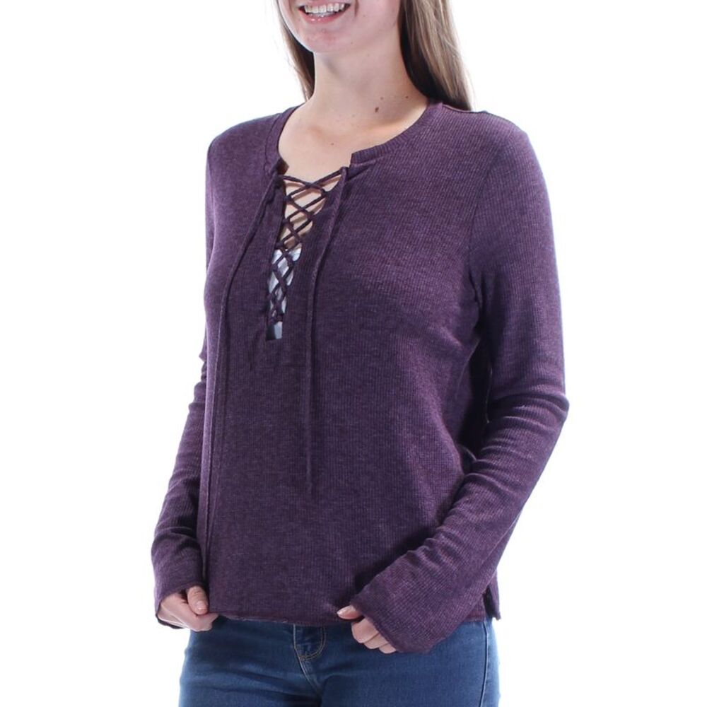CHELSEA SKY Womens Purple Tie Long Sleeve V Neck Tunic Top Size: M
